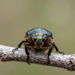 front view, beetle on branch, bokeh close up shot super macro, studio light