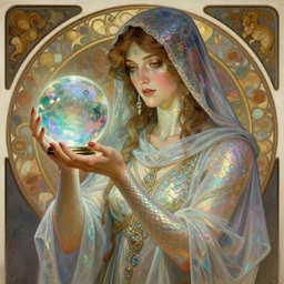 a digital illustration of a fortune teller gypsy woman with a crystal ball in her hand, iridescent scaled skin, refraction and reflections, translucent, shawl, robes, scarf, artstation, painting by alphonse mucha and bouguereau and ruan jia and conrad roset