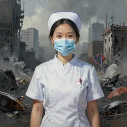 a nurse with short sleeves and a mask on during an apocalyptic city, Matte painting , detailed painting, greg rutkowski