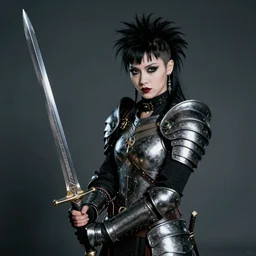 portrait of a waifish punk goth wearing armor and holding sword by frank fazetta, fantasy, barbarian