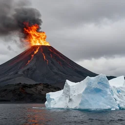 a burning volcano on the left, a iceberg on the right, tones of grey, contrast, powerful, high quality, by outcrowd