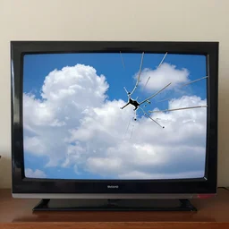 1 9 5 0 s television with broken screen, clouds on a tv screen, craft artwork