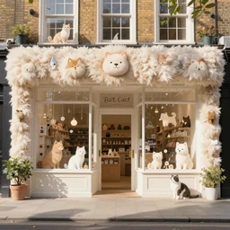 cute pet shop in london, natural lighting, wide angle, soft and fluffy color scheme, intricate details, matte painting, illustration, by hayao miyazaki