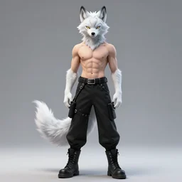 character portrait of a shirtless fit male anthro albino wolf fursona with a tail and a cute beautiful attractive detailed furry face wearing black stylish cyberpunk pants and boots in a cyberpunk city at night while it rains. Character design by charlie bowater, ross tran, artgerm, and makoto shinkai, detailed, inked, western comic book art, 2021 award winning painting