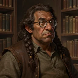 picture of male librarian tolkien dwarf inside library, burly, casual clothes, dark skin, dark brown hair, braids, glasses, high fantasy, highly detailed, detailed faces, smooth, sharp focus, chiaroscuro, dnd, digital painting, concept art, rossdraws and moebius and jon mcnaughton
