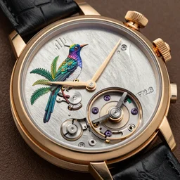 a steampunk watch in polished gold and silver showing the detailed workings by Jaquet Droz, Tropical Bird Repeater, macro photography, F/2.8, trending on artstation, octane render