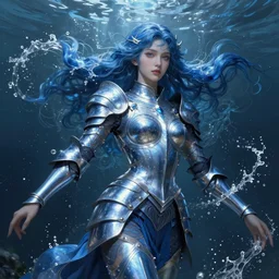 a goddess of water wearing blue armor, with arms and hair turning into water, fantasy, intricate, elegant, highly detailed, digital painting, artstation, concept art, wallpaper, smooth, sharp focus, illustration, art by artgerm and greg rutkowski and alphonse mucha