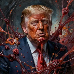 donald trump's disgusting true form bursting from within, gross, slimy, sleazy, pustules, high details, intricate details, by jackson pollock