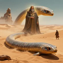 a sandworm on arrakis, god emperor of dune, shai hulud, large desert worm by david a hardy, noriyoshi ohrai, gary ruddell, ( greg rutkowski ), salvador dali highly detailed, cinematic composition, trending on artstation