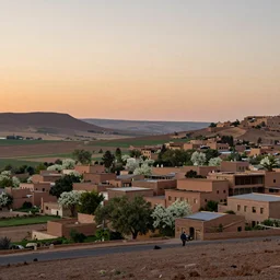 view over a village in the countryside of Morocco, sunset in spring, by Caspar David Friedrich