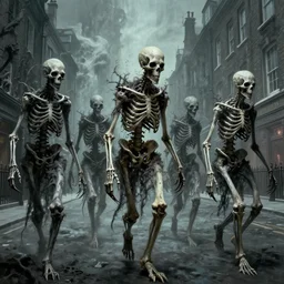 eldritch creatures with surrealistic morphed skeletons roaming the streets of London, Zdzislaw Beksinski, Wayne Barlowe, Joe Fenton, gothic, cosmic horror, dystopian, biomorphic, lovecraftian, amazing details, cold hue's