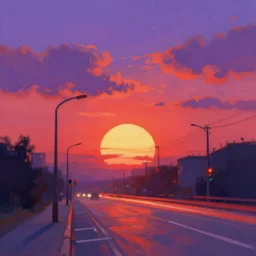 a beautiful illustration of sofia bulgaria at sunset, art of alena aenami, featured on artstation, vertical orientation, paint brush strokes, expressionism, brushstroke - laden, breathtaking clouds, traffic lights, wet concrete, beauttiful stars, cables, long exposure, gigantic sun, airy theme, red purple gradient, lens flare