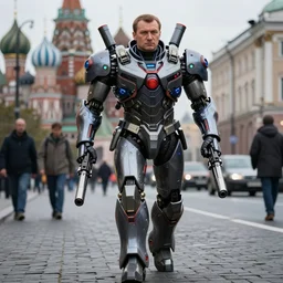 boris yeltsin in mecha cyber suit with guns, futuristic, walking on moscow streets, photo by chris warner, leica with flash, deep depth field, masterpiece, trending on pinterest, featured on pixiv, cinematic composition, hyper - detailed, hd, hdr, 4 k, 8 k