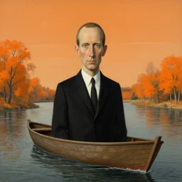 surreal art, portrait of rod serling on a boat, on a river, with tangerine colored trees and marmalade skies in the style of max ernst, rene magritte