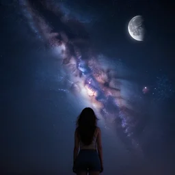 girl beautiful stary sky moon galaxy andromeda