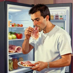 a cg painting of leon lush eating ham from the fridge, cctv style, grand theft auto cover art