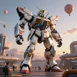 a beautiful hyperrealistic ultradetailed 3 d render of a gigantic mecha guarding a sci - fi spaceport, by eytan zana : 3, mech, unreal engine, octane render, gigantic, unreal engine, octane render, 3 d, brilliantly coloured, intricate, ultra wide angle, trending on artstation, dusk, volumetric lighting, hdr, polished, micro details, ray tracing, 8 k : 2, people, sphere, balloon, blurry, blur, depth of field, dof, bokeh, obscured, macro : - 1
