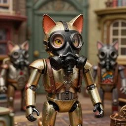 closeup portrait of tin toy assassin machine cats with black gas masks in victorian london, nicoletta ceccoli, mark ryden, lostfish, max fleischer, depth of field, detailed and intricate retro environment, 8 k resolution, hyperrealistic, octane render