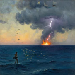 dawn, clouds, ocean, books, wind, man under the sea, rotating school of fish, fire and thunderbolt tornado, greg rutkowski, artstation, peder severin krøyer