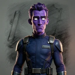 portrait, Cartoon man with purple skin and white eyes in a nightguard uniform, sketchy artstyle, Dynamic lighting, cinematic, establishing shot, extremely high detail, photo realistic, cinematic lighting, pen and ink, intricate line drawings, post processed, concept art, artstation, matte painting, style by Raphael Lacoste, Eddie Mendoza