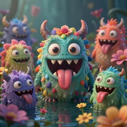 intricate colourful murky nature with strange cute friendly happy crazy monsters with huge beauty cute eyes long tongue triangle teeth and scary face appearing from the flowers in water, in the style of craola, shallow depth of field, highly detailed, digital painting, trending artstation, concept art, illustration, cinematic lighting, vibrant colors, photorealism, epic, octane render