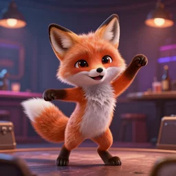cute fox dancing in club, photorealistic rendering, digital art, highly detailed