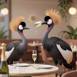 black crowned crane drinking champagne in a restaurant by greg rutkowski and christophe vacher, trending on artstation, 3 d render octane