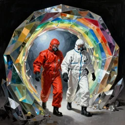 two scientists, one wearing a red hazmat suit and the other wearing a white hazmat suit, entering the geometric rainbow crystal dimensional gateway by frank frazetta