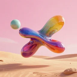 flying 3 d organic objects, spline colorful, morphing objects, octane render, blender, cinematic scene in the desert, pink sky, ambient occlusion, glass texture