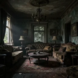 inside a living room of an old abandon house, fantasy art, highly detailed, 8 k, artstation, completely dark