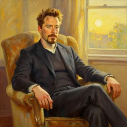 detailed oil painting of tony stark sitting in an armchair in a room with the setting sun, by thomas kinkade, golden hour