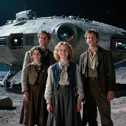 extremely sharply detailed, 7 0 mm film, from blockbuster 9 6 k sci fi color movie freeze frame, set 1 8 6 0, family standing in front of crashed spaceship, on alien planet, looking happy, wearing 1 8 5 0 s era clothes, atmospheric lighting, in focus, reflective eyes, 9 9 mm lens, live action, nice composition and photography, clear faces