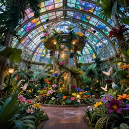 tropical greenhouse garden with colored glass cover, outside of time and space, magnificent, gorgeous, birds, flowers, fairy tale, evening lights, highly detailed, low angle view, artstation, mysterious, comfort, in the style of aetherpunk, 8 k