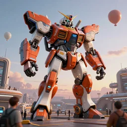 a beautiful hyperrealistic ultradetailed 3 d render of a gigantic mecha guarding a sci - fi spaceport, by rico cilliers : 3, mech, unreal engine, octane render, gigantic, unreal engine, octane render, 3 d, brilliantly coloured, intricate, ultra wide angle, trending on artstation, dusk, volumetric lighting, hdr, polished, micro details, ray tracing, 8 k : 2, people, sphere, balloon, blurry, blur, depth of field, dof, bokeh, obscured, macro : - 1