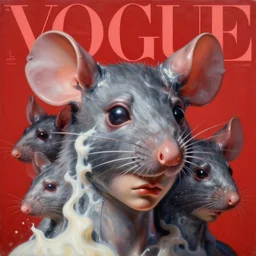 3 d, close - up, frown fashion model rat ears, liquid metal and milk, vogue cover style, poster art, hyper detail, intricate oil painting, multiple exposure, red mood, 3 d by tooth wu and wlop and beeple and greg rutkowski