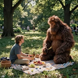joe rogan and bigfoot enjoying a picnic in central park by monet
