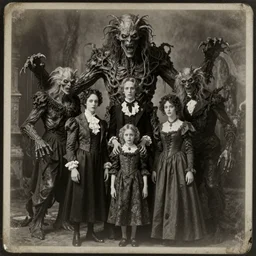 vintage portrait photograph, monochrome plate, monstrous mutant victorian family of demonic cenobite people posing with huge grotesque lovecraftian god creatures, distressed old photo, deteriorating, grunge, antique, slight sepia tone, horror, madness