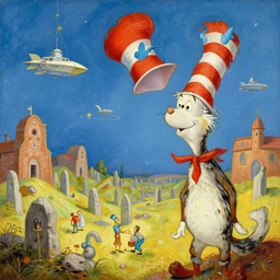 necropolis in the style of dr. seuss, starships, painting by thomas cole