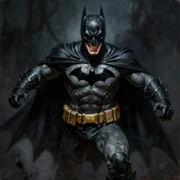 portrait painting of the batman who laughs, full figure action shot, award - winning, dark fantasy, eerie, horrific, trending on artstation, masterpiece, highly detailed, intricate. art by josan gonzales and moebius and deathburger