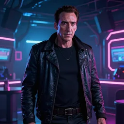 Neon cyberpunk underground club Nicolas Cage. Сoncept art, Dan Mumford, Greg Rutkowski, Quixel Megascans, octane render, 16k, 8k, photoillustration, RTX