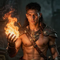 HDR, realistic, high depth of field portrait of beautiful athletic male human latino short-haired sun cleric druid shaman with firefox pet, flame conjuring armored, highly detailed, moody face expression, intricate image by Andrei Riabovitchev, Shaun Tan and Peter Mohrbacher, matte painting