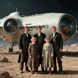 sharp, highly detailed, 9216k film, 17500mm film still from a sci fi blockbuster color movie made in 2019, set in 1860, of a family standing in front of their spaceship, on an alien planet, all are wearing 1860s era clothes, good lighting, in focus, 350mm f/1.4L lens