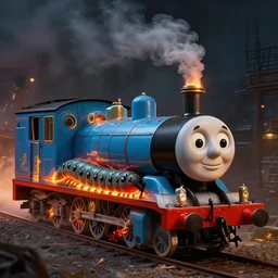 photorealistic centipede thomas the train in the style of michael whelan and gustave dore. hyperdetailed photorealism, 1 0 8 megapixels, amazing depth, glowing rich colors, powerful imagery, sinister overtones, 3 d finalrender, 3 d shading, cinematic lighting, artstation concept art