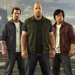 vin diesel, samuel l jackson, and jackie chan. group shot. gta 5 art style