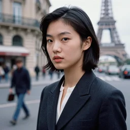 ektachrome, 3 5 mm, highly detailed : incredibly realistic, beautiful three point perspective closeup 3 / 4 portrait photo in style of chiaroscuro style 1 9 9 0 s frontiers in flight suit cosplay paris street photography, youthful asian demure, perfect features, cool haircut, atheletic agency model, vogue fashion edition