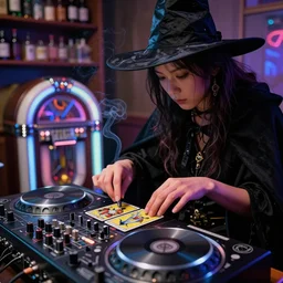 close up photo, dramatic lighting, concentration, aphex twin playing with big techno jukebox, tarot cards displayed on the table in front of her, sage smoke, magic wand, a witch hat and cape, apothecary shelves in the background, by yoji shinkawa neon