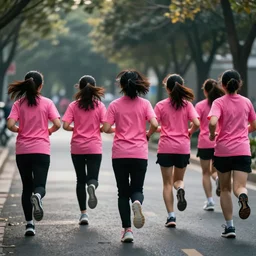 group of woman running with pink t-shirts view from behind, front lit, cinematic, epic, 50mm