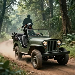 willys jeep, in kerala forest road in 1921, chasing action scene, an epic fantasy, dramatic lighting, cinematic, establishing shot, extremely high detail, photorealistic, cinematic lighting, matte painting, artstation, by simon stalenhag, shadow of the tomb rider