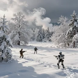 snowy fields, snowy trees, partisans with guns, humanoid robots with machine guns, billowing smoke in the distance