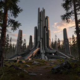 star wars concept art by greg rutkowski, boreal forest landscape with brutalist megalitic structures, cinematic evening light, dramatic atmosphere, sharp focus, artstation hq.